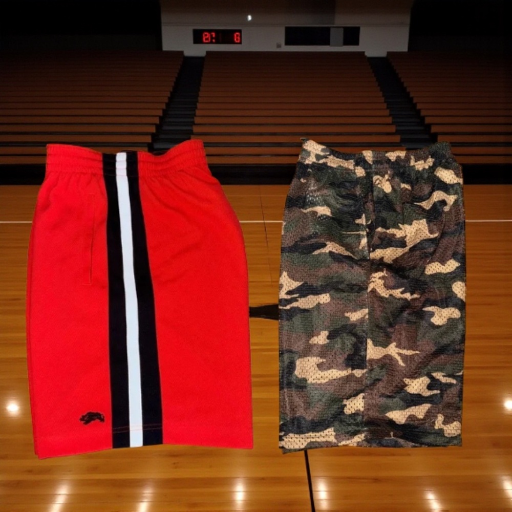 2 Pairs Red Shorts with Black and White Accents & Camo Gym Shorts both mediums
